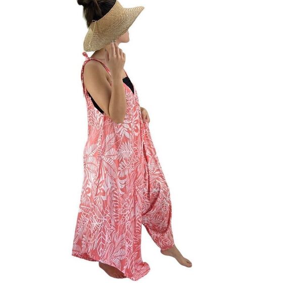 Po`a‘lima Coral White Tropical Floral Boho Wide Leg Beach Summer Romper - Picture 9 of 15